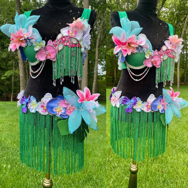 Tropical Hawaiian Hula Island Girl Orchid Flower Bra and Fringe Skirt
