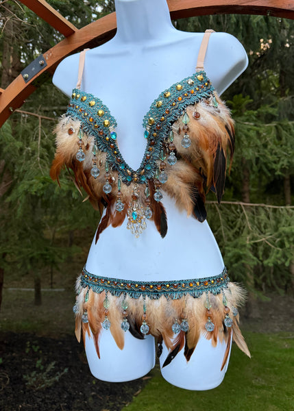 Ready to Ship - 34D 32”+ Skirt - Native Earth Spirit Princess Fringe Feather Plunge Bra Costume