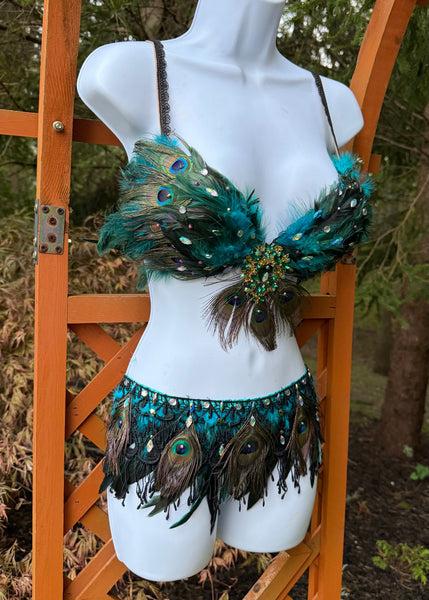 Peacock Feather Costume Rave Bra and Skirt Bottom
