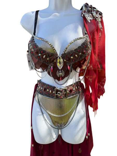 Burgundy and Silver War Torn Dragon Slayer Warrior Cosplay Bra and Bottom Costume
