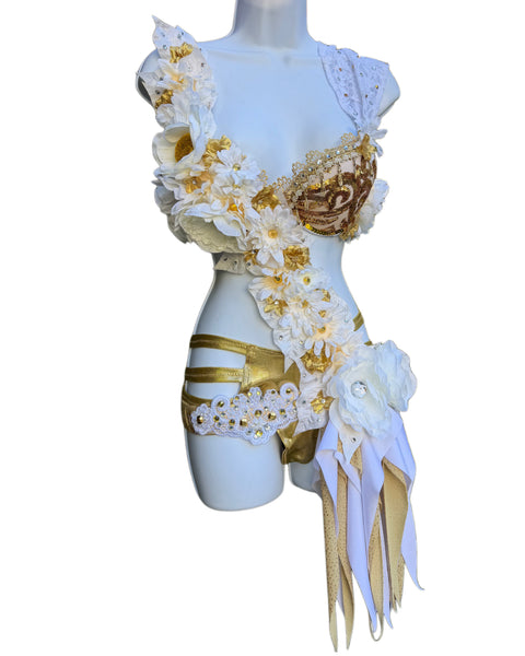 Floral Gold and White Fairy Monokini with Gold Boyshorts