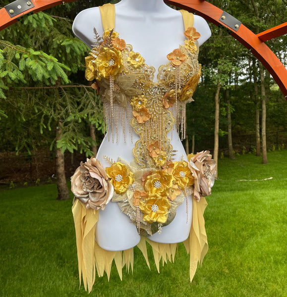 Dripping in Gold Golden Diamond Spring Fairy Goddess with Center Strap Monokini Dress Costume