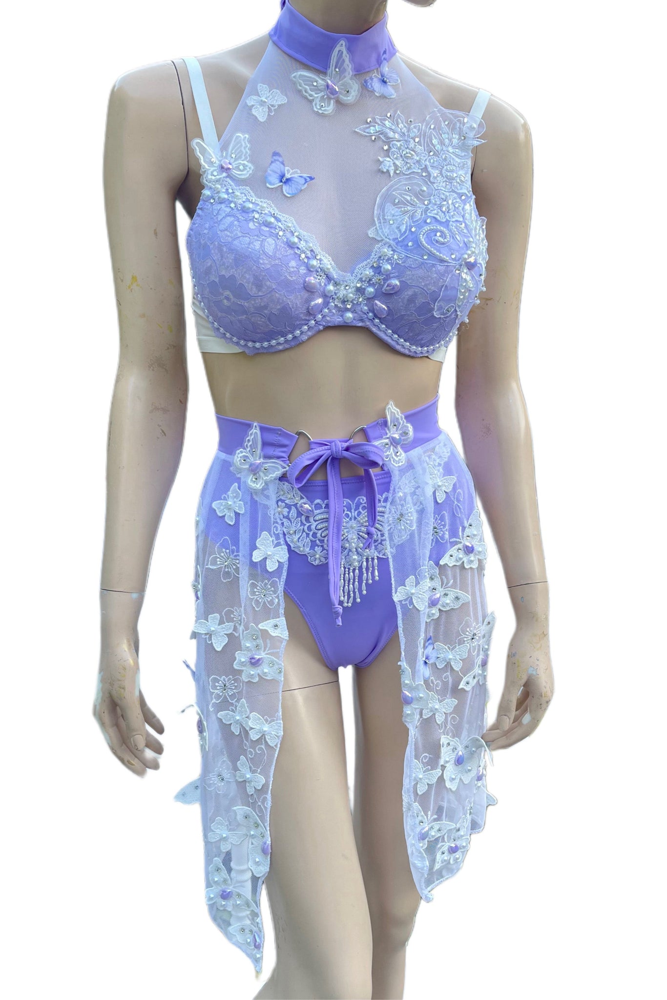 Ready To Ship - 34C Small - Lavender Pearls Butterfly Fairy Dance Rave Bra and Skirt Halloween Costume