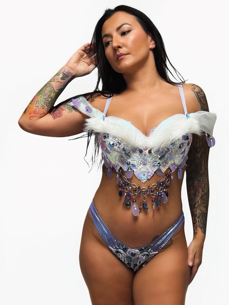 One of a Kind - Ready to Ship- Size 34D Medium High Rise V Bottom - Iridescent Lavender Dragon Scale Top and Bottom Dance Festival Cosplay Costume