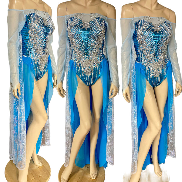 Elsa Bodysuit Dresses with Train and Attached Cape