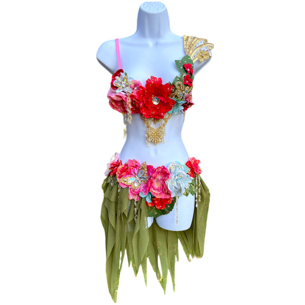 Golden Spring Forest Fairy Goddess with Green Skirt Two Piece Cosplay Costume