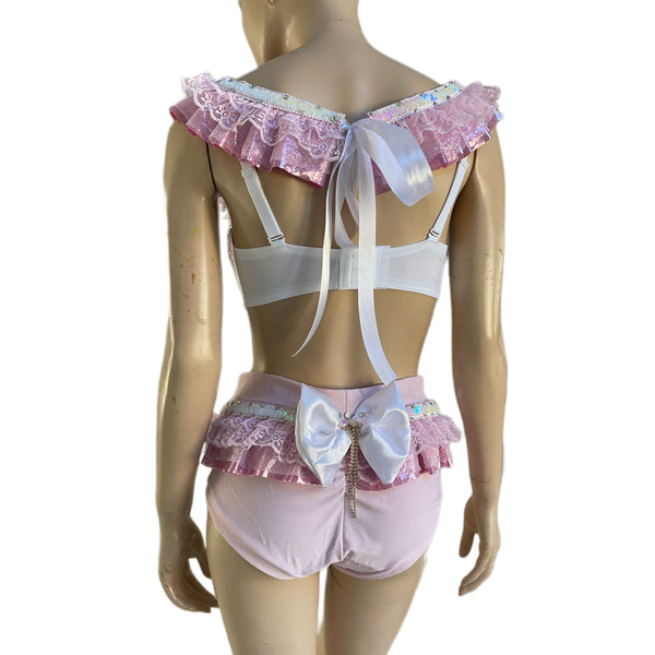 Sweet Pastel Pink Glitter Diamond Bra with Scrunchie Bottom Costume