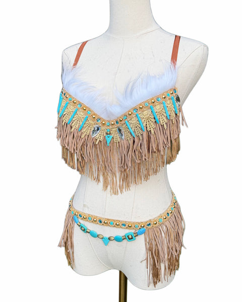 Native Turquoise Brown Fringe Bra and Skirt