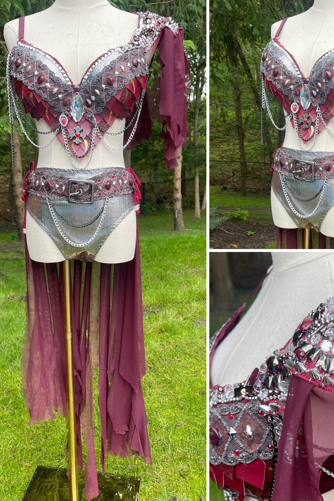 Burgundy and Silver War Torn Dragon Slayer Warrior Cosplay Bra and Bottom Costume