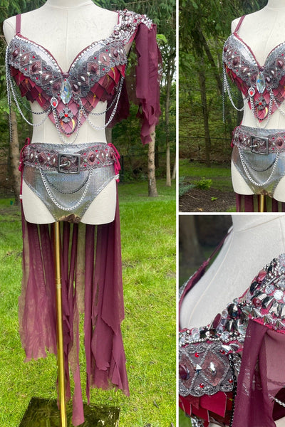 Burgundy and Silver War Torn Dragon Slayer Warrior Cosplay Bra and Bottom Costume