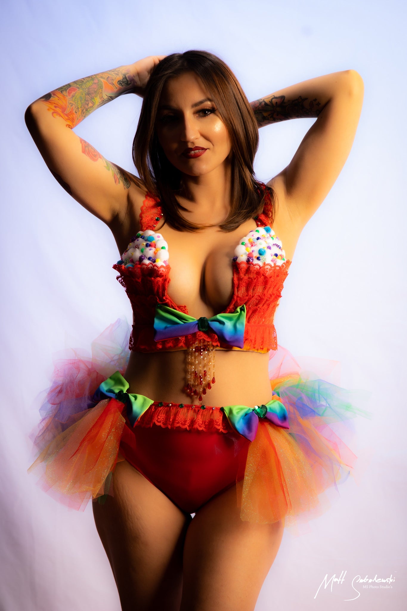 Ready to Ship 34D Small/Medium Bottom - Red Cupcake Birthday Plunge Rave Bra with Tutu Bustle