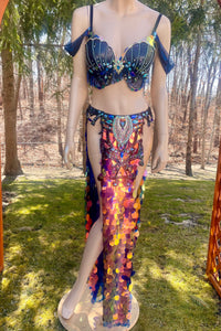 Ready to Ship Size 34D/32DD Medium - Black Iridescent Blue Rainbow Sequins Mermaid Siren Belly Dancer 2 Piece
