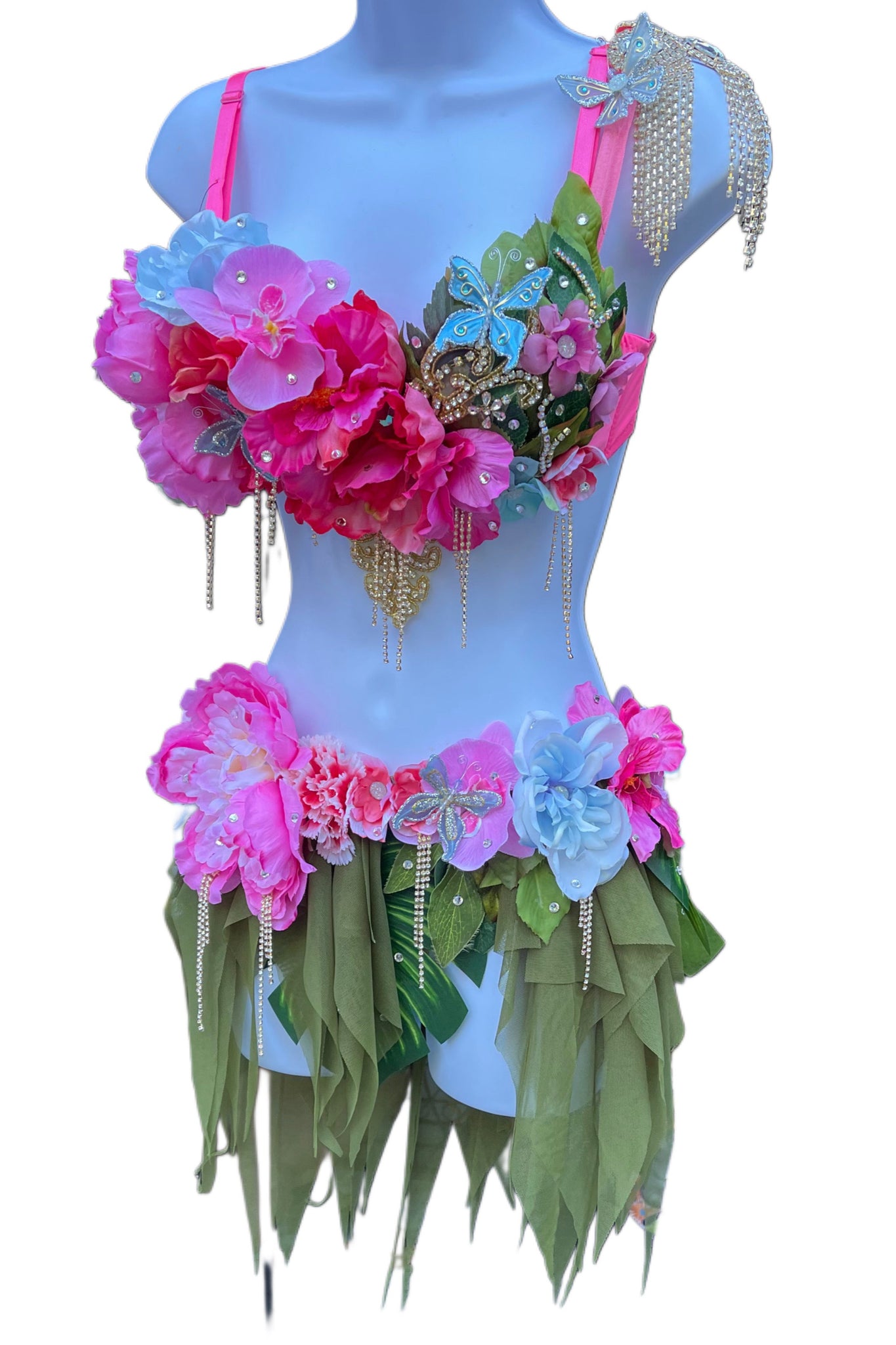 Gold Tropical Orchid Diamond Fairy Goddess with Green Skirt Two Piece Cosplay Costume