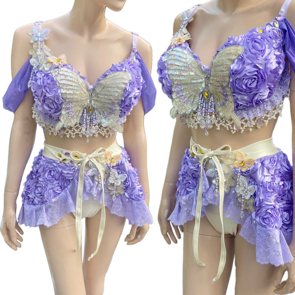 Ready To Ship - 36DDD Large - Lavender Dreams Butterfly Fairy Dance Rave Bra and Skirt Halloween Costume