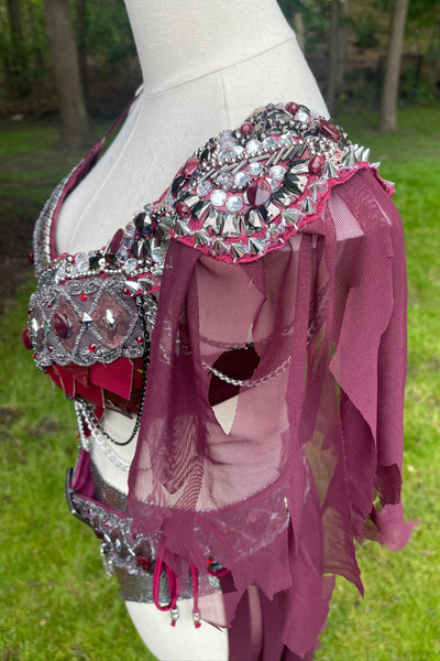 Burgundy and Silver War Torn Dragon Slayer Warrior Cosplay Bra and Bottom Costume
