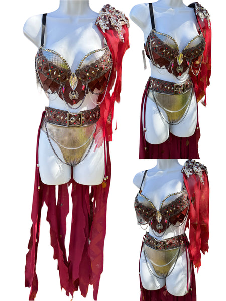Burgundy and Silver War Torn Dragon Slayer Warrior Cosplay Bra and Bottom Costume