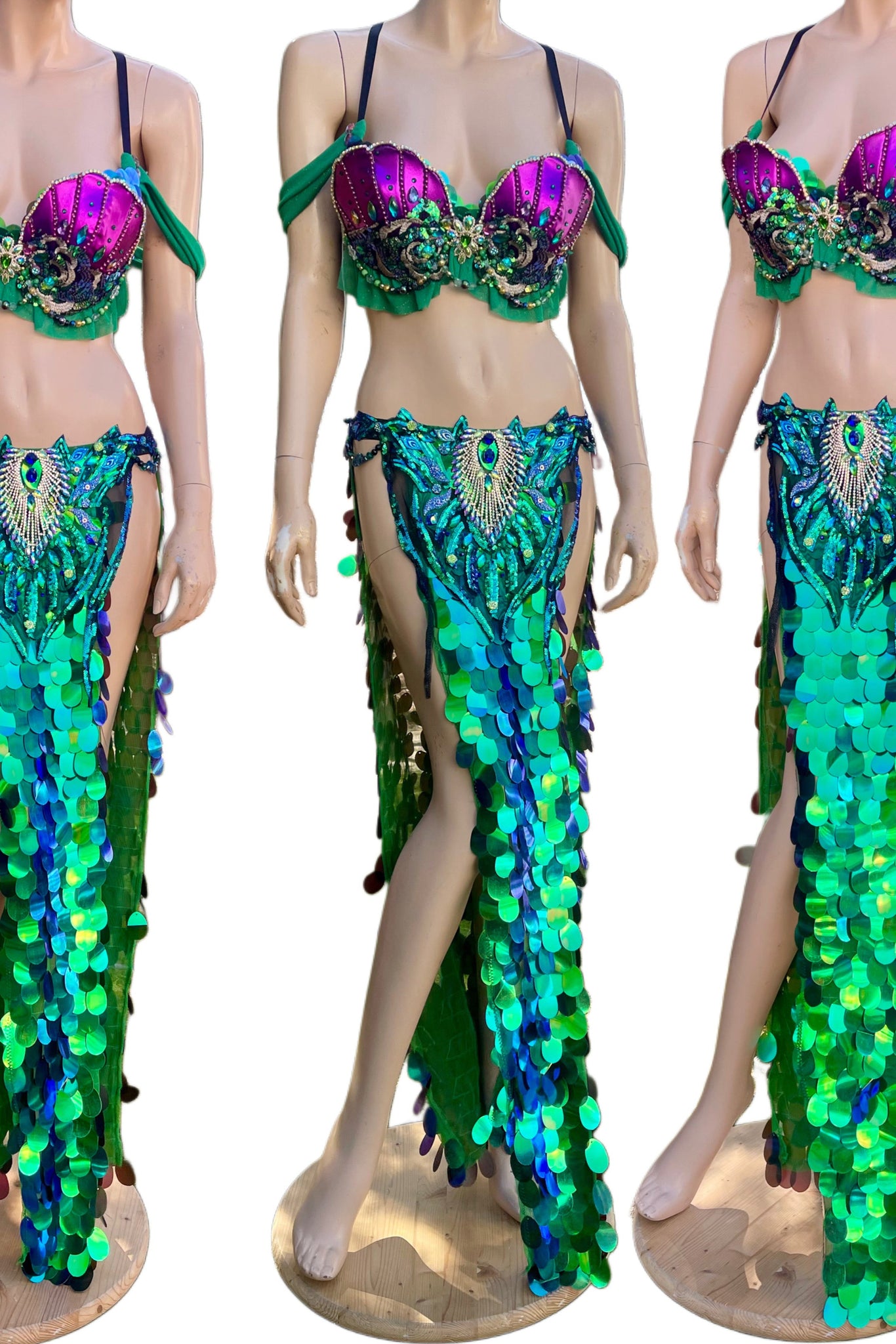 Purple and Green Sequins Mermaid Siren Belly Dancer 2 Piece