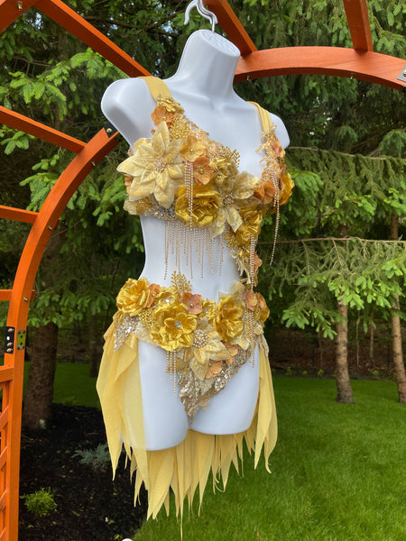 Ready to Ship - Dripping in Gold Golden Spring Fairy Goddess with Side Strap Monokini Dress Costume