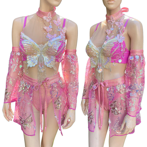 Ready To Ship - 34C Medium - Pink Dancing Butterfly Goddess Fairy Festival Bra High Rise Bottom and Skirt Halloween Costume