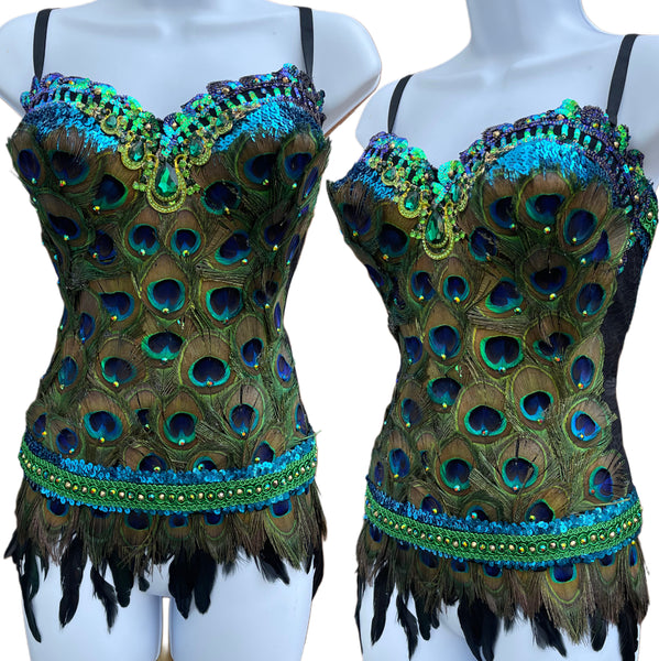 Peacock Feather Corset Top and Feather Skirt Bottom