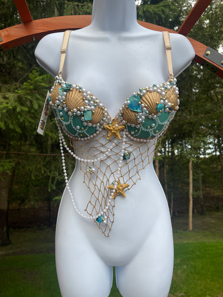 Delicate Dripping in Gold Turquoise Mermaid Bra Top