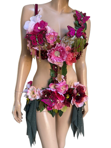 Ready to Ship - 34C Medium - Pink and Burgundy Spring Fairy Bra and Skirt Costume