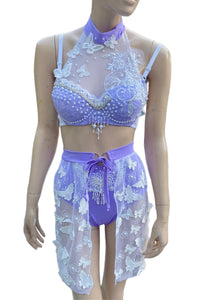 Ready To Ship - 32B XSmall - Lavender Pearls Butterfly Fairy Dance Rave Bra and Skirt Halloween Costume