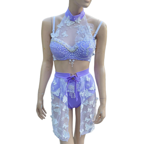 Ready To Ship - 32B XSmall - Lavender Pearls Butterfly Fairy Dance Rave Bra and Skirt Halloween Costume