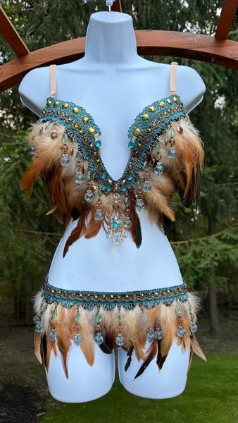 Ready to Ship - 34D 32”+ Skirt - Native Earth Spirit Princess Fringe Feather Plunge Bra Costume