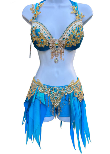 Arabian Nights Inspired Costume – Turquoise & Gold Rave Bra and Shorts Set