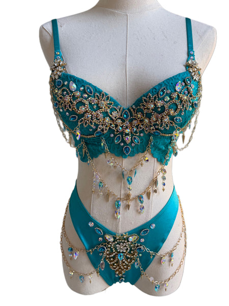 Ready to Ship - 34B Medium -  Princess Jasmine Inspired Gold Chain Scrunchie Bottom Burlesque Show Girl