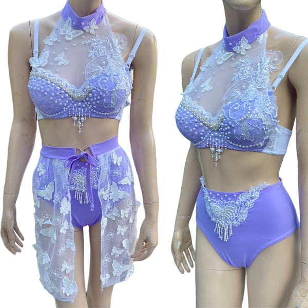 Ready To Ship - 32B XSmall - Lavender Pearls Butterfly Fairy Dance Rave Bra and Skirt Halloween Costume