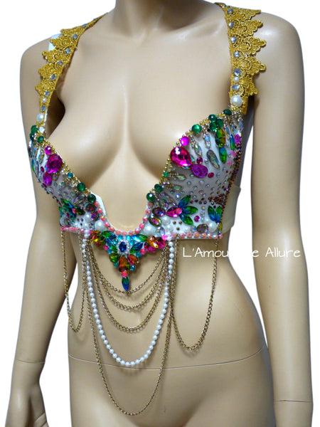 Rainbow Rhinestone Plunge Bra with Chains and Beading