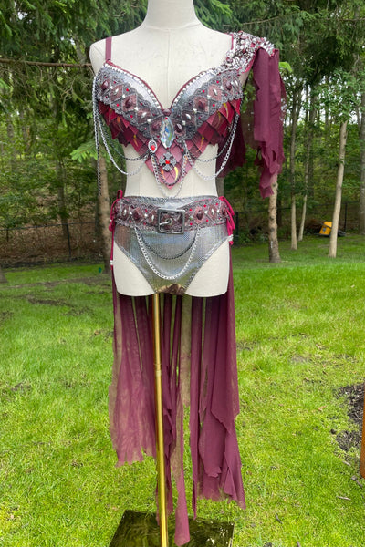 Burgundy and Silver War Torn Dragon Slayer Warrior Cosplay Bra and Bottom Costume