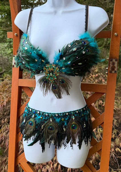 Peacock Feather Costume Rave Bra and Skirt Bottom