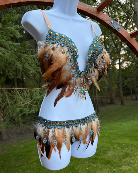 Ready to Ship - 34D 32”+ Skirt - Native Earth Spirit Princess Fringe Feather Plunge Bra Costume