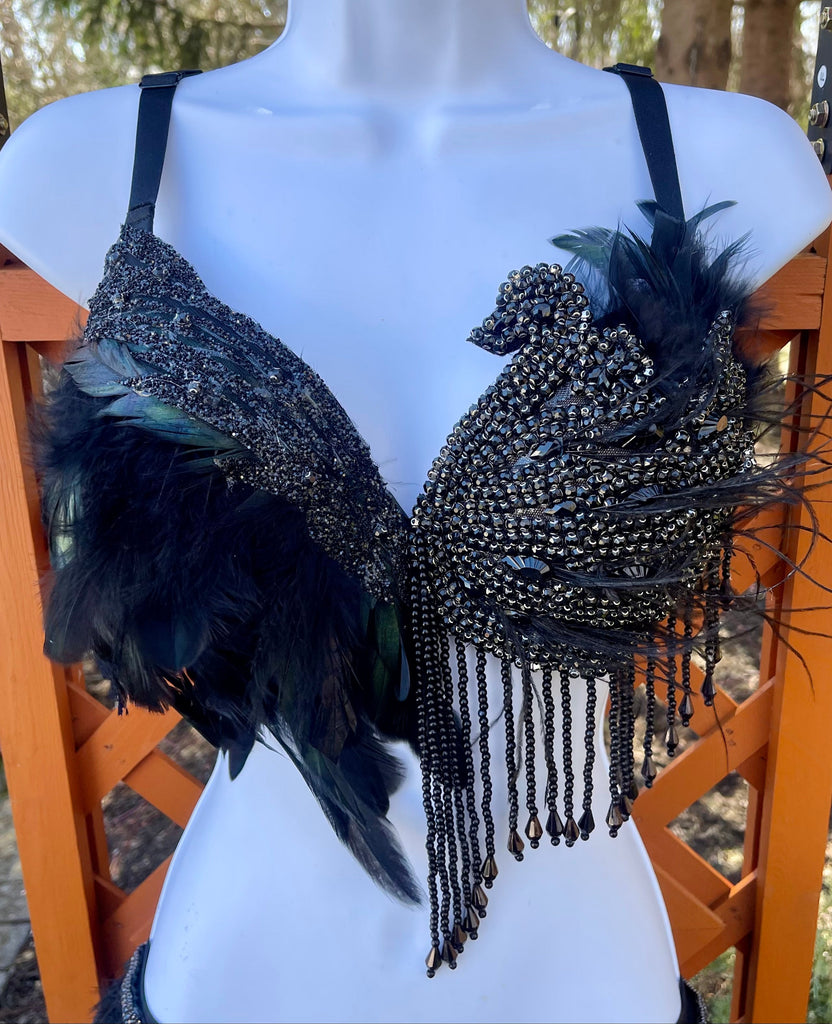 Feather Rave Bra Black Swan Rhinestone Feather Costume Rave Bra and Skirt Bottom – L ...