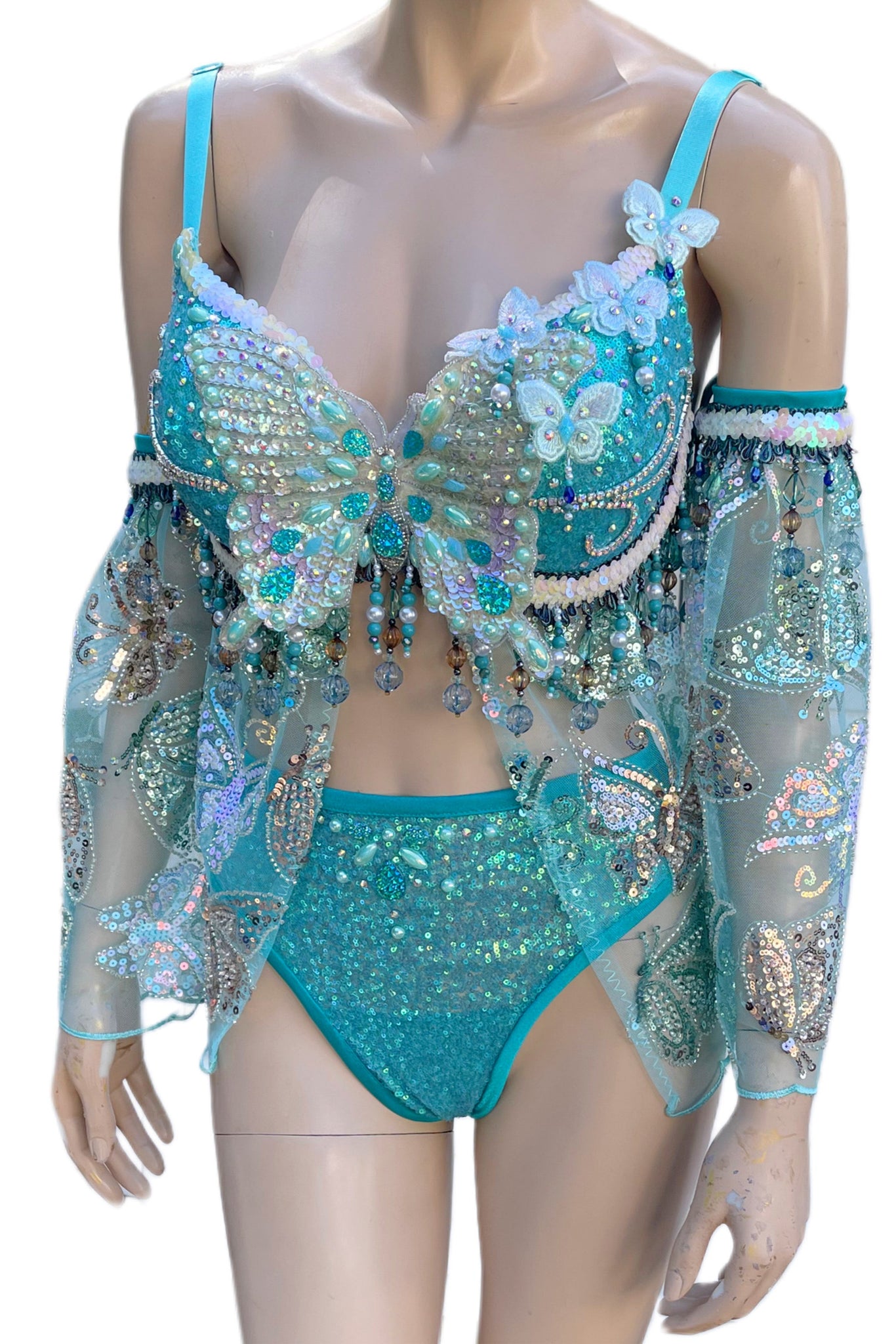 Ready To Ship -34DD Medium - Turquoise Blue Dancing Butterfly Goddess Fairy Festival Bra High Rise Bottom and Skirt Halloween Costume