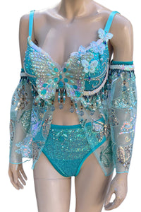 Ready To Ship -34DD Medium - Turquoise Blue Dancing Butterfly Goddess Fairy Festival Bra High Rise Bottom and Skirt Halloween Costume