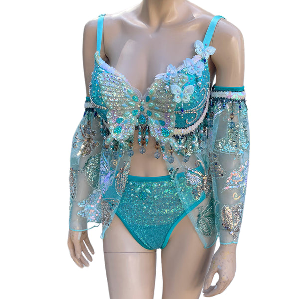 Ready To Ship -34DD Medium - Turquoise Blue Dancing Butterfly Goddess Fairy Festival Bra High Rise Bottom and Skirt Halloween Costume