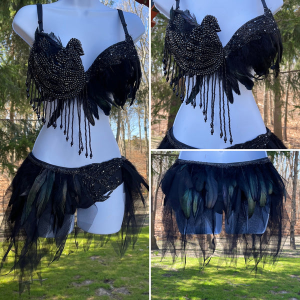 Ready To Ship - 32B Extra Small - Black Swan Rhinestone Feather Costume Rave Bra and Skirt Bottom