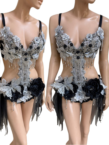 Dripping in Silver and Black Diamond Spring Fairy Goddess with Center Strap Monokini Dress Costume