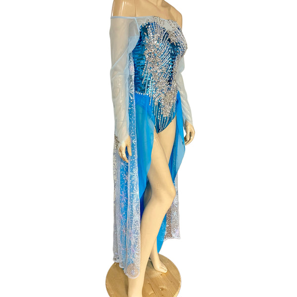 Princess Elsa Inspired Bodysuit Dress with Train and Attached Cape