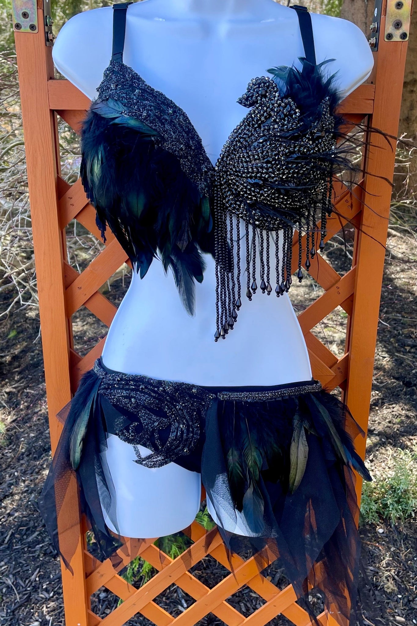 Black Swan Rhinestone Feather Costume Rave Bra and Skirt Bottom