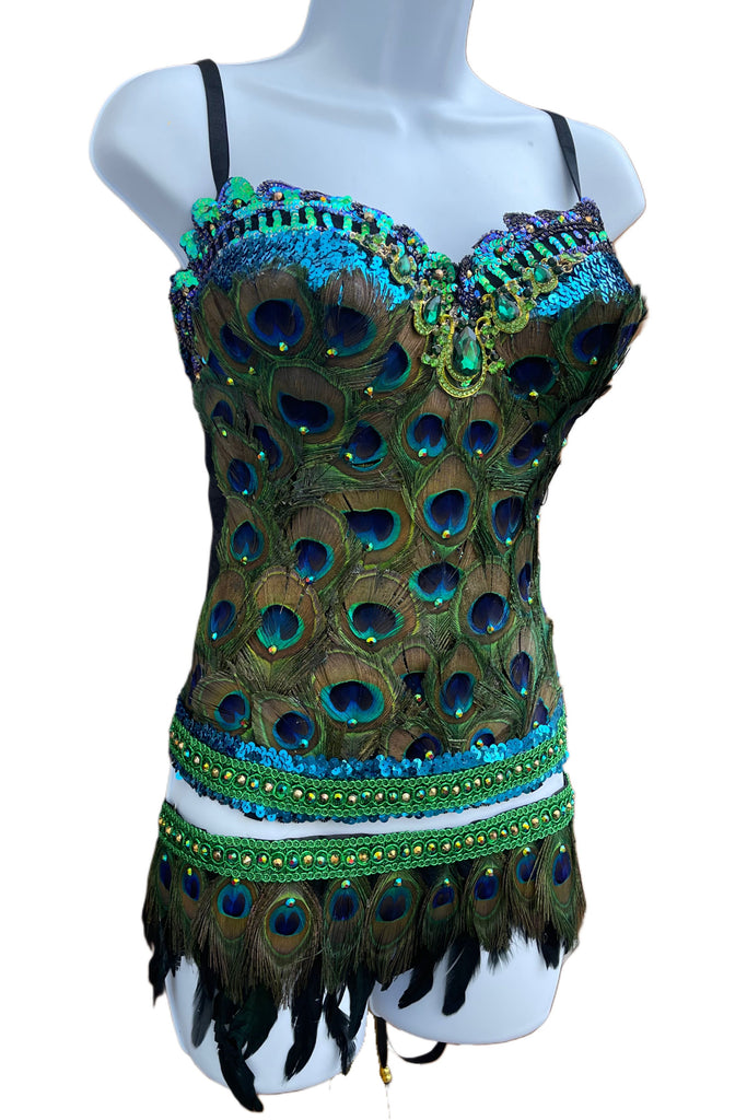 Peacock Feather Corset Top and Feather Skirt Bottom