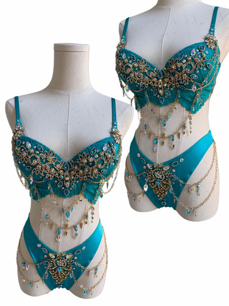 Ready to Ship - 34B Medium -  Princess Jasmine Inspired Gold Chain Scrunchie Bottom Burlesque Show Girl