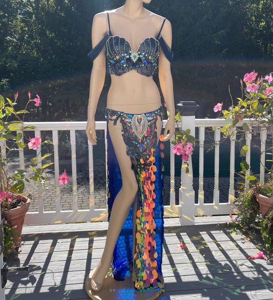 Ready to Ship Size Medium - Black Iridescent Blue Rainbow Sequins Mermaid Siren Belly Dancer 2 Piece