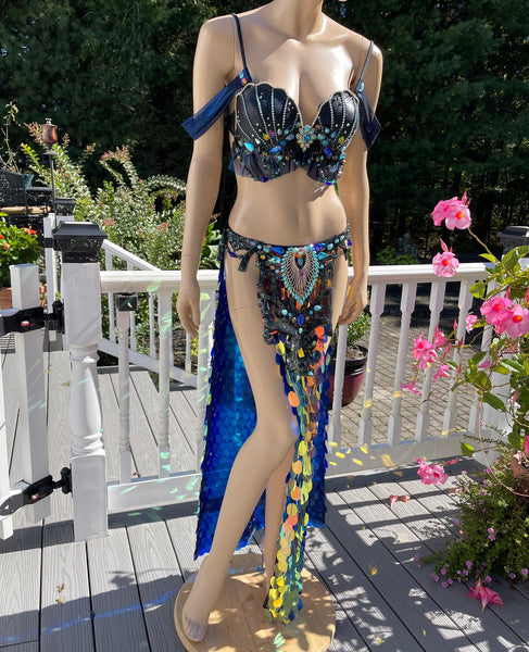 Ready to Ship Size Medium - Black Iridescent Blue Rainbow Sequins Mermaid Siren Belly Dancer 2 Piece