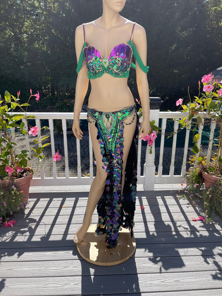 Ready to Ship Size Medium - Purple and Green Sequins Mermaid Siren Belly Dancer 2 Piece