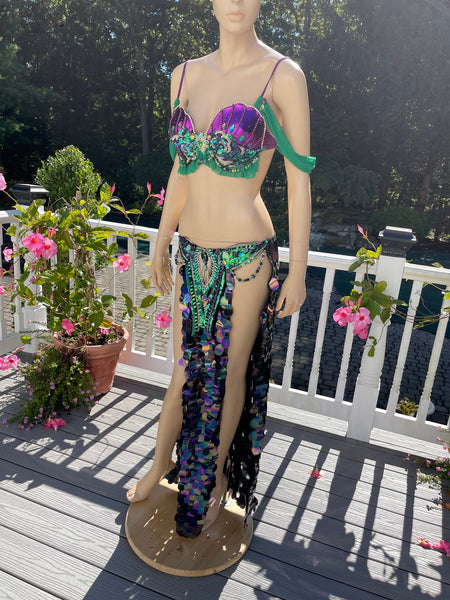 Ready to Ship Size Medium - Purple and Green Sequins Mermaid Siren Belly Dancer 2 Piece